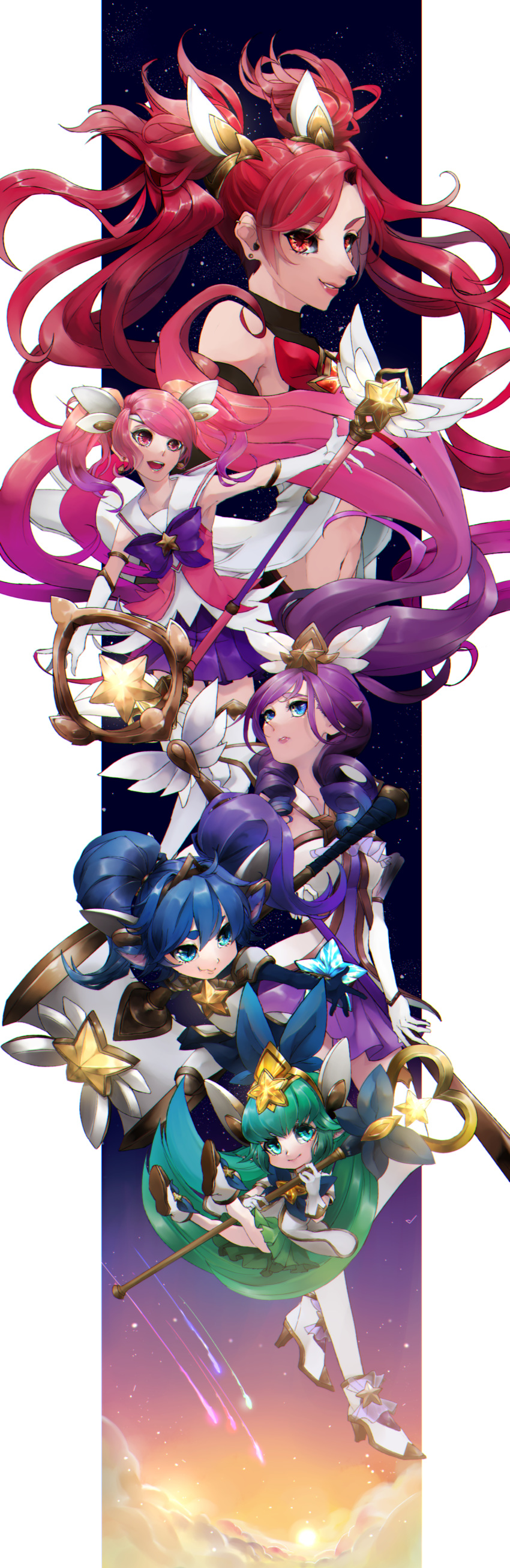 5girls absurdres alternate_costume alternate_hair_color alternate_hairstyle armlet bangs bare_shoulders black_legwear blue_gloves boots bow bowtie choker elbow_gloves fingerless_gloves flat_chest gloves hair_ornament hammer headband high_heel_boots high_heels highres horn janna_windforce jinx_(league_of_legends) league_of_legends long_hair long_twintails looking_at_viewer lulu_(league_of_legends) luxanna_crownguard magical_girl multiple_girls parted_lips pix_(league_of_legends) poppy red_eyes red_hair sailor_collar short_shorts shorts sleeveless sleeveless_turtleneck smile standing star_guardian_(league_of_legends) star_guardian_janna star_guardian_jinx star_guardian_lulu star_guardian_lux star_guardian_poppy thigh_boots thighhighs tiara tied_hair turtleneck twintails very_long_hair wand yordle zephyr_(league_of_legends)