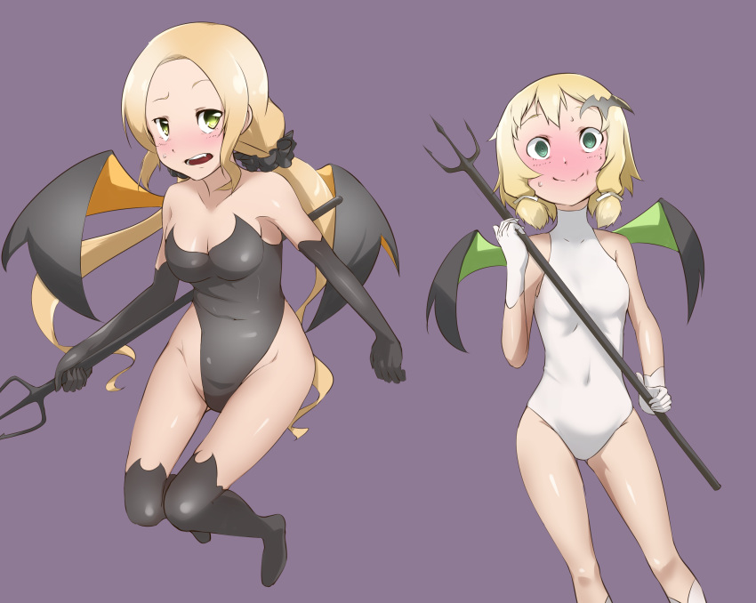 2girls aces8492unsung bat_hair_ornament black_gloves black_legwear black_leotard blonde_hair blue_background blush breasts cleavage cosplay covered_navel elbow_gloves embarrassed fake_wings fang gloves green_eyes groin hair_ornament highleg highres inubouzaki_fuu inubouzaki_itsuki leotard long_hair looking_at_viewer looking_back medium_breasts monochrome_background multiple_girls open_mouth shiny shiny_clothes shiny_hair shiny_skin short_hair simple_background small_breasts thighhighs white_gloves white_leotard wings yuuki_yuuna_wa_yuusha_de_aru yuusha_de_aru