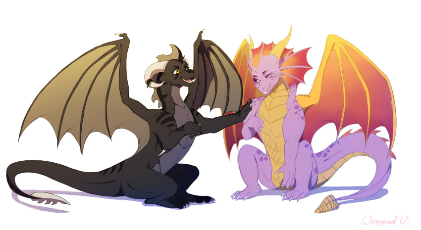 2019 cynder digital_media_(artwork) dragon duo feral membranous_wings scalie simple_background sitting smile spyro spyro_the_dragon video_games western_dragon white_background wings wrappedvi yellow_eyes