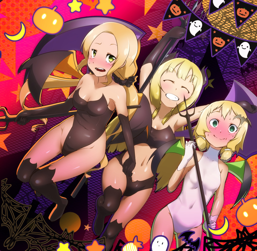 3girls aces8492unsung bat_hair_ornament black_gloves black_legwear black_leotard blonde_hair blush breasts cleavage cosplay covered_navel elbow_gloves embarrassed eyes_closed fake_wings fang gloves green_eyes grin groin hair_ornament halloween highleg highres inubouzaki_fuu inubouzaki_itsuki leotard long_hair looking_at_viewer looking_back medium_breasts midriff multiple_girls navel nogi_sonoko open_mouth parted_lips shiny shiny_clothes shiny_hair shiny_skin short_hair small_breasts smile thighhighs white_gloves white_leotard wings yuuki_yuuna_wa_yuusha_de_aru yuusha_de_aru