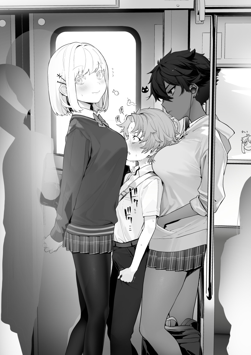 1boy 2girls absurdres age_difference bangs blush breast_press breast_smother breasts_on_back closed_mouth collared_shirt dark_skin earphones eyebrows_visible_through_hair girl_sandwich greyscale hand_in_pocket height_difference highres hood hoodie long_sleeves monochrome multiple_girls ohisashiburi original pants pantyhose pleated_skirt sandwiched school_uniform shirt short_hair short_sleeves skirt standing train_interior trembling