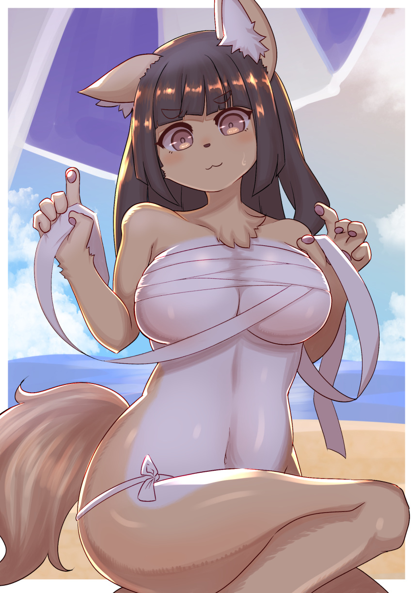 alternate_version_at_source anthro bare_shoulders beach beach_umbrella black_hair blue_sky blush border breasts brown_eyes chest_tuft chest_wraps clothing cloud domestic_cat ear_tuft eyebrow_through_hair eyebrows felid feline felis female front_view fur glistening glistening_fur hair hi_res looking_at_viewer looking_down mammal mofumofumachine multicolored_fur navel pawpads pink_pawpads sand seaside sky solo sweat sweatdrop swimwear tan_fur translucent translucent_hair tuft two_tone_fur white_border white_clothing white_fur white_swimwear wraps