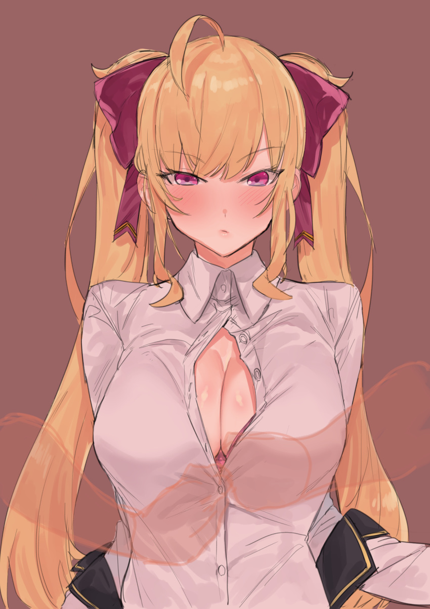 1girl absurdres ahoge bangs blonde_hair blush breasts closed_mouth collared_shirt eyebrows_visible_through_hair hair_ribbon highres large_breasts long_hair nijisanji purple_eyes red_ribbon ribbon shirt simple_background suisogenshi takamiya_rion twintails unbuttoning white_shirt