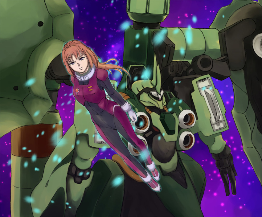 1girl bodysuit breasts brown_hair closed_mouth commentary_request gloves graphite_(medium) groin gundam gundam_unicorn kshatriya kuroinu_(lock_heart) long_hair looking_at_viewer marida_cruz pilot_suit ponytail solo traditional_media