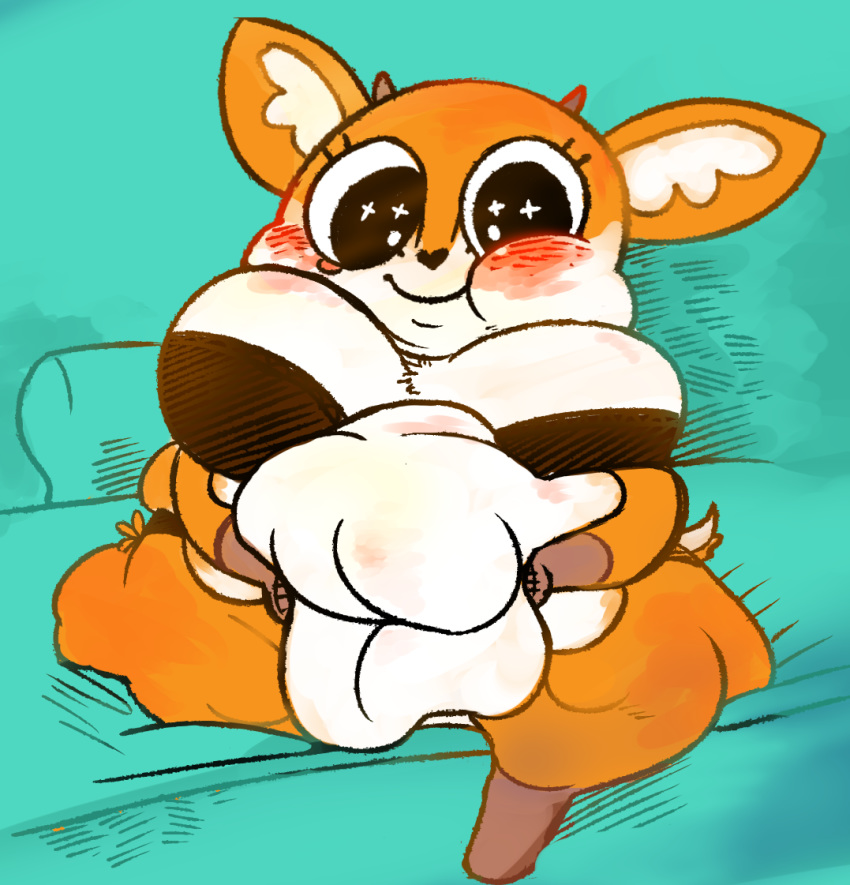 2019 aggressive_retsuko bed belly_grab big_breasts blush breasts clothing digital_media_(artwork) female fuzzywooly huge_breasts looking_at_viewer morbidly_obese obese overweight sanrio simple_background solo tsunoda
