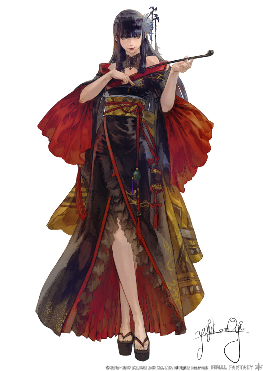 1girl bat_hair_ornament black_hair black_kimono blue_eyes blue_flower copyright_name crossed_legs detached_collar final_fantasy final_fantasy_xiv final_fantasy_xiv:_stormblood flower full_body hair_flower hair_ornament hand_on_own_chest hands_up highres hime_cut holding_kiseru japanese_clothes kanzashi kimono kiseru lace_collar legs legs_crossed lips lipstick long_hair looking_to_the_side makeup mole mole_under_mouth obi off-shoulder_kimono off_shoulder official_art okobo pipe red_rope rope sandals sash sidelocks signature solo tassel toes transparent_background very_long_hair watson_cross yotsuyu_(ff14) yusuke_mogi yuujo