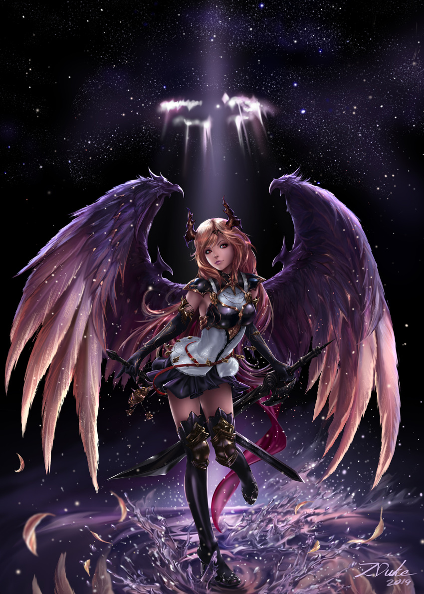 1girl angel artist_name bangs black_background black_footwear black_gloves black_legwear blue_skirt breasts commentary dark_angel_olivia dated dual_wielding elbow_gloves feathers full_body gloves granblue_fantasy high_heels highres holding holding_sword holding_weapon horns light light_brown_hair long_hair looking_at_viewer medium_breasts red_eyes revision shadowverse sidelocks skirt solo splashing standing standing_on_one_leg sword thighhighs thighs water weapon wings zduke