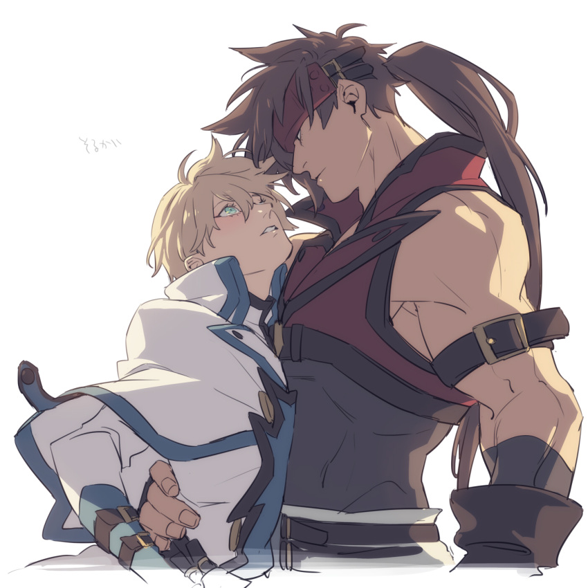 arm_belt bare_shoulders blonde_hair blush brown_hair closed_mouth fingernails green_eyes guilty_gear guilty_gear_strive hair_between_eyes hand_on_another's_waist headband highres ky_kiske long_hair looking_at_another muscular muscular_male parted_lips ponytail simple_background sol_badguy talgi turtleneck white_background wide-eyed yaoi