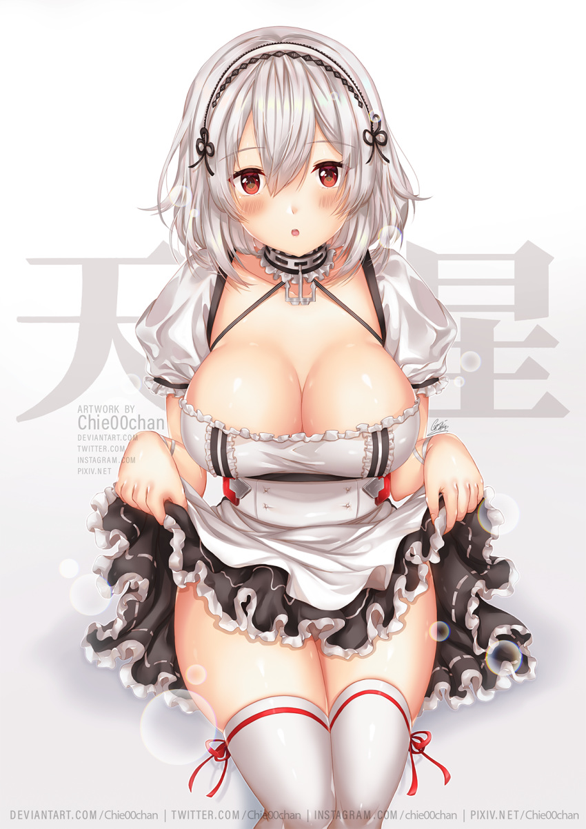 1girl :o artist_name azur_lane bangs blush breasts chie00chan choker cleavage collarbone dress dress_lift eyebrows_visible_through_hair frills hair_between_eyes hairband highres lace-trimmed_hairband large_breasts lifted_by_self looking_at_viewer puffy_sleeves red_eyes ribbon shiny shiny_skin short_hair short_sleeves sidelocks signature sirius_(azur_lane) solo thighhighs thighs watermark white_hair white_legwear