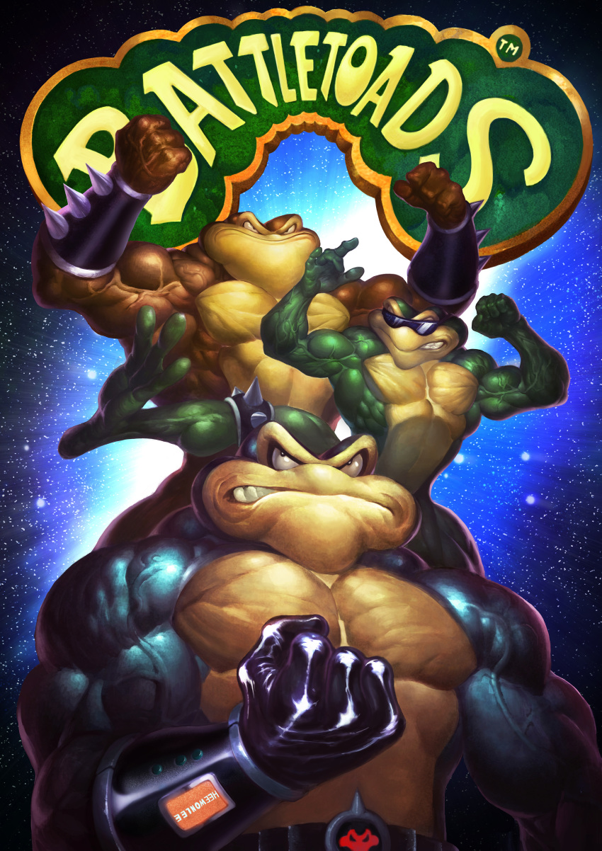 absurd_res action_pose amphibian angry anthro battletoads belt biceps brown_skin clothing eyewear fist frog gloves green_skin heewonlee hi_res male muscular muscular_male pecs pimple_(battletoads) pose raised_arm rareware rash_(battletoads) sunglasses toad_(frog) triceps veiny_muscles video_games yellow_skin zitz_(battletoads)