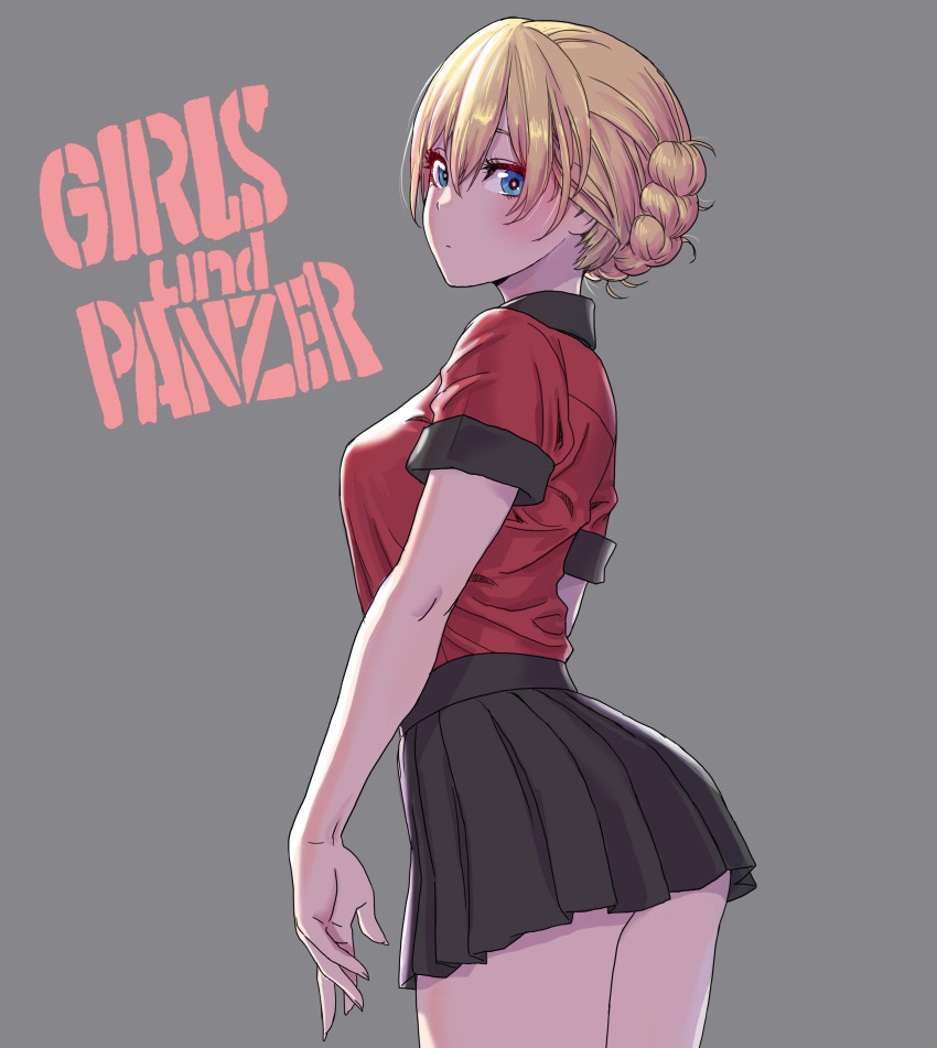 1girl absurdres black_skirt blonde_hair blue_eyes blush braid breasts commentary_request copyright_name darjeeling from_side girls_und_panzer grey_background hair_between_eyes highres looking_at_viewer looking_back medium_breasts miniskirt pleated_skirt red_shirt shirt shirt_tucked_in short_hair short_sleeves sidelighting simple_background skirt solo standing tied_hair yamashita_shun'ya