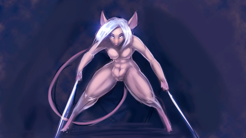16:9 2018 anthro breasts digitigrade female hair looking_at_viewer mammal mouse murid murine navel nipples nude pussy rodent simple_background solo standing thick_thighs watsup white_hair