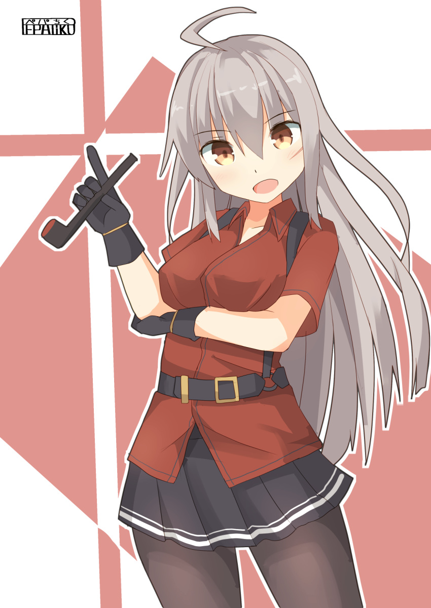 1girl ahoge bangs belt black_gloves black_legwear black_skirt blush breasts eyebrows_visible_through_hair facial_scar gangut_(kantai_collection) gloves grey_hair hair_between_eyes highres holding holding_pipe kantai_collection long_hair open_mouth pepatiku pipe pleated_skirt red_eyes red_shirt scar scar_on_cheek shirt short_sleeves signature skirt solo thighs