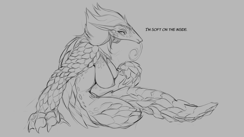 16:9 2018 anthro big_breasts breasts dialogue female grey_background hair half-closed_eyes hi_res long_tongue looking_back mammal monochrome nipples nude pangolin scales simple_background sitting solo text tongue tuft watsup