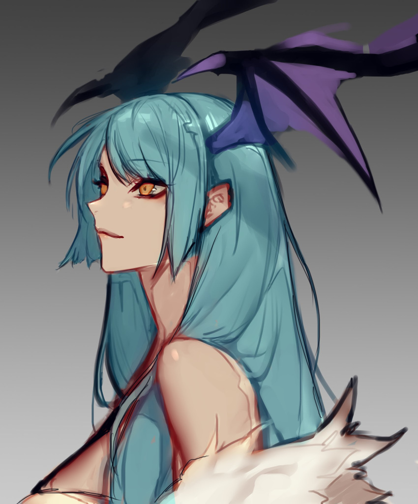 1girl aqua_hair bangs bare_shoulders bat_wings closed_mouth fur_trim gradient gradient_background hachizowo head head_wings highres long_hair looking_to_the_side morrigan_aensland orange_eyes sketch smile solo unfinished vampire_(game) wings