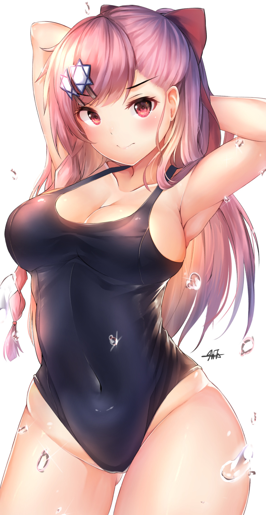 1girl absurdres arms_behind_head bangs blue_swimsuit blush bow braid breasts cleavage covered_navel cowboy_shot eyebrows_visible_through_hair girls_frontline hair_between_eyes hair_bow hair_ornament hair_ribbon hairclip hexagram highres hiromaster_sinta_jh large_breasts long_hair looking_at_viewer negev_(girls_frontline) one_side_up pink_hair red_bow red_eyes ribbon school_swimsuit side_braid signature simple_background solo star_of_david swimsuit thighs wet white_background