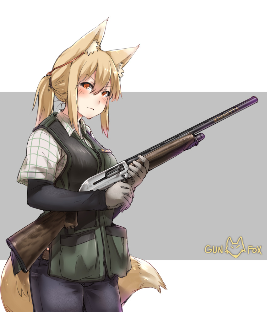 animal_humanoid ayyh15 blonde_hair blush breasts canid canid_humanoid canine canine_humanoid clothed clothing female fluffy fluffy_tail fox_humanoid fur gloves gun hair hi_res holding_object holding_weapon humanoid inner_ear_fluff looking_at_viewer mammal ponytail ranged_weapon red_eyes reloading shotgun solo standing tan_fur vest weapon