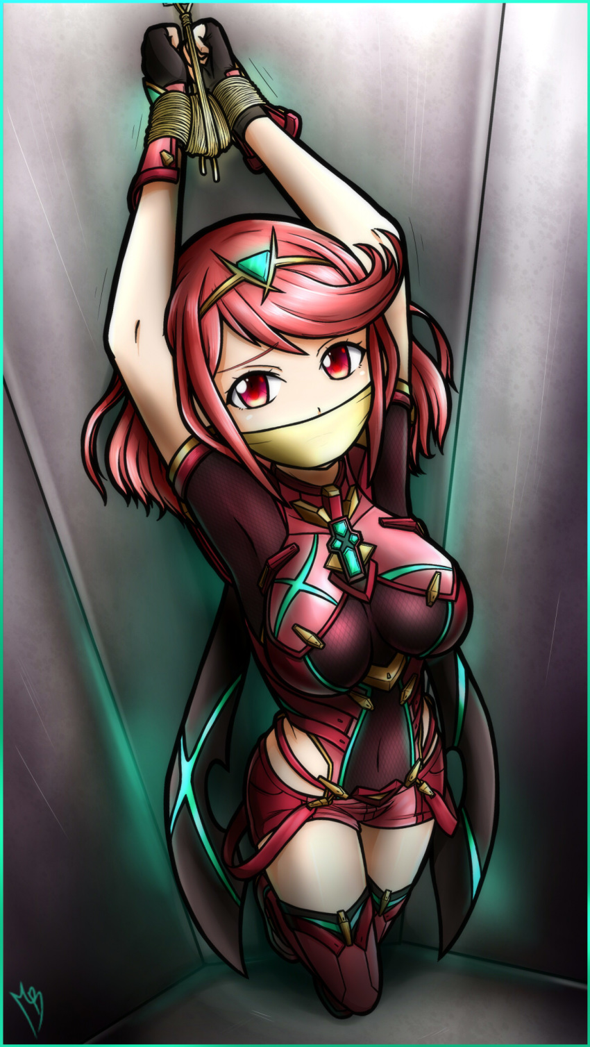 1girl angry armor arms_up bangs bare_shoulders bdsm blush bondage bound bound_arms bound_wrists breasts covered_navel eyebrows_visible_through_hair femsub gag gagged gem highres homura_(xenoblade_2) improvised_gag jewelry kidnapped kidnapping looking_at_viewer magnolia-baillon nervous nintendo red_hair restrained short_hair solo solo_focus swept_bangs tape tape_gag thigh_strap thighhighs tied_up xenoblade_(series) xenoblade_2