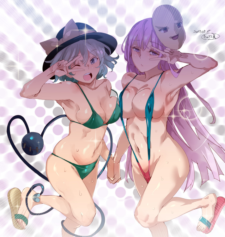 2girls ;d armpits asymmetrical_docking bikini blue_swimsuit breast_press breasts cleavage expressionless eyebrows_visible_through_hair green_bikini green_eyes grey_hair hat hata_no_kokoro highres interlocked_fingers komeiji_koishi leg_up long_hair mask multiple_girls navel nyuu_(manekin-eko) one_eye_closed open_mouth purple_eyes purple_hair sandals simple_background slingshot_swimsuit smile sweat swimsuit touhou v very_long_hair