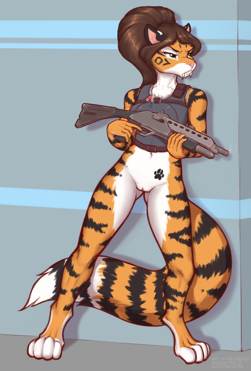 2019 alex_marx alexthecatte anthro armor body_armor bottomless clothed clothing colored_sketch digital_media_(artwork) fangs felid feline female hair hi_res mammal pantherine paws pussy range_weapon reaper3d simple_background sketch solo stripes tiger weapon