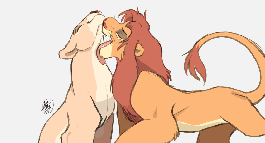 2019 cuddling disney duo eyes_closed felid female feral feral_on_feral fur hi_res licking lion looking_pleasured love male male/female mammal mane multicolored_fur nala neck_lick open_mouth pantherine raised_tail romantic_couple sasamaru simba simple_background sitting standing the_lion_king tongue tongue_out two_tone_fur white_background