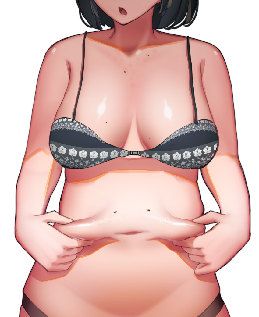 1girl absurdres belly belly_grab black_hair bra breasts commentary_request head_out_of_frame highres large_breasts medium_hair mmmmmkun mole mole_on_breast mole_on_stomach navel open_mouth original pareidolia pinching plump simple_background solo stomach underwear upper_body white_background
