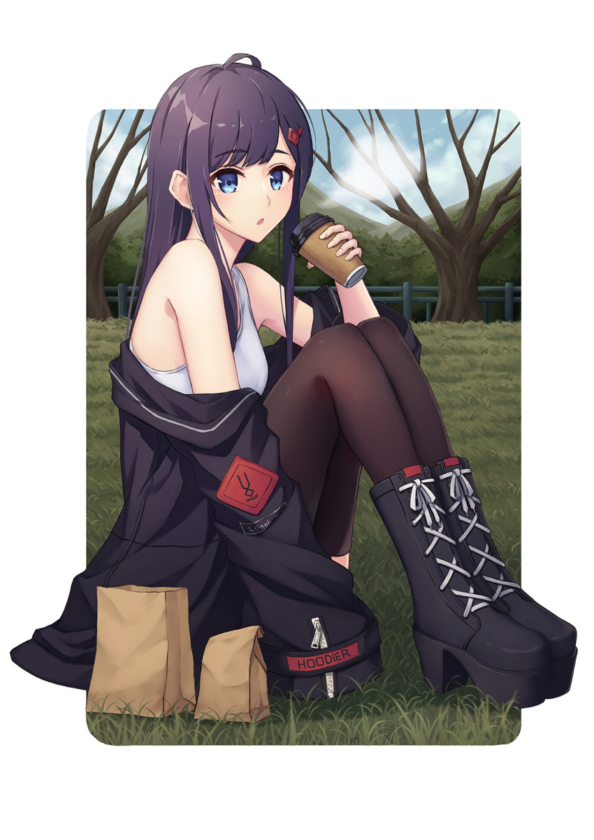 1girl :o ahoge bag bare_shoulders bare_tree black_footwear black_hair black_hoodie blue_eyes boots brown_legwear cup day disposable_cup fence grass hair_ornament hairclip hand_up highres holding holding_cup hood hoodie hoodier knee_boots knees_up long_hair long_sleeves looking_at_viewer off_shoulder original outdoors outside_border pantyhose paper_bag parted_lips picnic shirt shopping_bag sidelocks sitting solo steam tank_top tree white_shirt