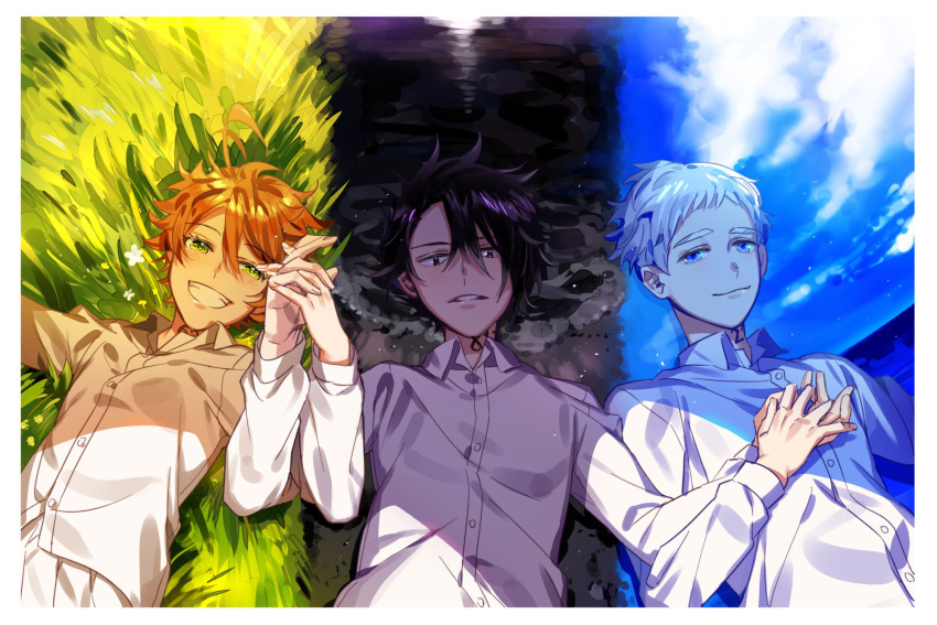 1girl 2boys :d ahoge black_eyes black_hair blue_eyes blush buttons closed_mouth cloud day emma_(yakusoku_no_neverland) flower grass green_eyes hand_holding highres long_sleeves looking_at_viewer lying multiple_boys neck_tattoo night norman_(yakusoku_no_neverland) number_tattoo on_back open_mouth orange_hair outdoors ray_(yakusoku_no_neverland) shirt shore short_hair sky smile tattoo teeth water waves white_flower white_hair white_shirt yakusoku_no_neverland yala1453