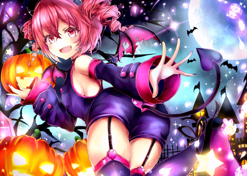 1girl absurdres bare_shoulders bat blush castle commentary cowboy_shot demon_tail demon_wings detached_sleeves drill_hair fang flag from_behind garter_straps gate halloween heart highres holding_jack-o'-lantern horns imp jack-o'-lantern kasane_teto leaning_forward looking_at_viewer moon night outstretched_arm red_eyes red_hair shirt short_hair shorts sleeveless sleeveless_shirt smile tail thighhighs torn_wings twin_drills utau wings xaruex