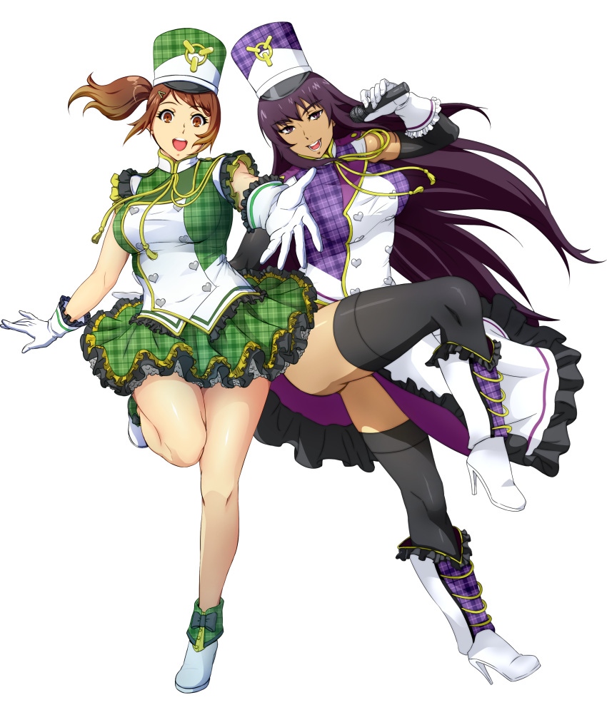 2girls absurdres amanomiya_ayame black_legwear boots brown_eyes brown_hair dress elbow_gloves gloves green_dress hair_ornament hairclip hat high_heels highres holding holding_microphone layered_gloves long_hair looking_at_viewer microphone multiple_girls official_art olive_oppert open_mouth outstretched_arm plaid plaid_dress plaid_footwear purple_dress purple_eyes purple_hair shako_cap side_ponytail sleeveless sleeveless_dress super_robot_wars super_robot_wars_x-omega thighhighs transparent_background very_long_hair watanabe_wataru white_gloves