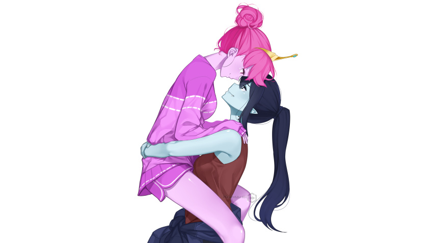 2girls adventure_time black_eyes black_hair hug keiryuu_seo long_hair marceline pink_eyes pink_hair pointed_ears ponytail princess_bubblegum shoujo_ai watermark