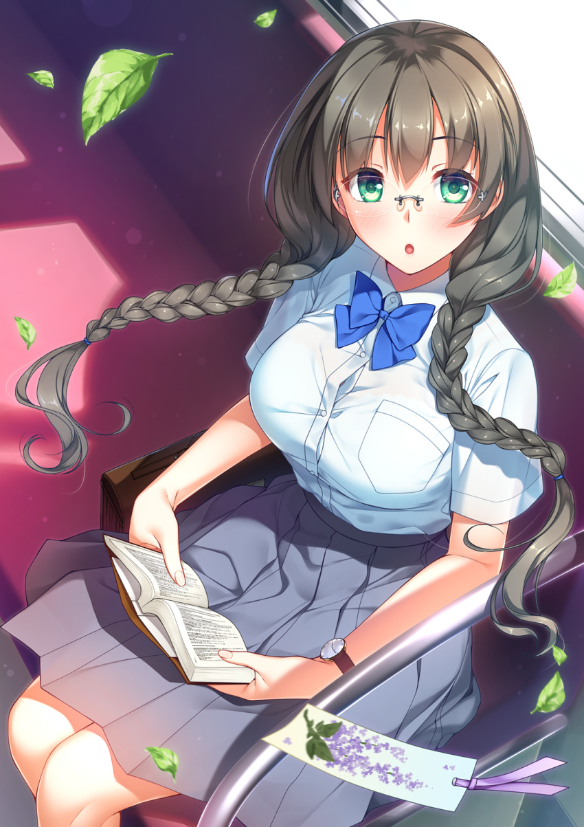 1girl :o bag bangs black_hair blush book bookmark braid breasts collared_shirt day floating_hair glasses green_eyes grey_skirt highres holding holding_book imachireki interior large_breasts leaves_in_wind long_hair looking_at_viewer open_book open_mouth original pleated_skirt rimless_eyewear school_bag shirt short_sleeves sidelocks silver-framed_eyewear sitting skirt solo twin_braids watch white_shirt wind wristwatch