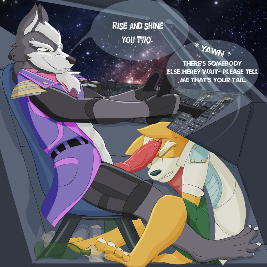 1:1 2019 4_toes absurd_res animal_genitalia animal_penis anthro anthro_on_anthro barefoot biped bottle canid canine canine_penis canis claws clothed clothing cock_tease comic crouching detailed_background dialogue driving duo english_text erection eyebrows eyes_closed feet fox fox_mccloud fur grey_fur hi_res inside jacket knot looking_at_another looking_at_partner looking_down male male/male mammal multicolored_fur nintendo open_mouth orange_fur penis penis_on_face red_penis sirbossy1 sitting smile smirk space speech_bubble star_fox tan_fur text thick_eyebrows toe_claws toes topwear two_tone_fur video_games waking_up white_fur wolf wolf_o'donnell yawn