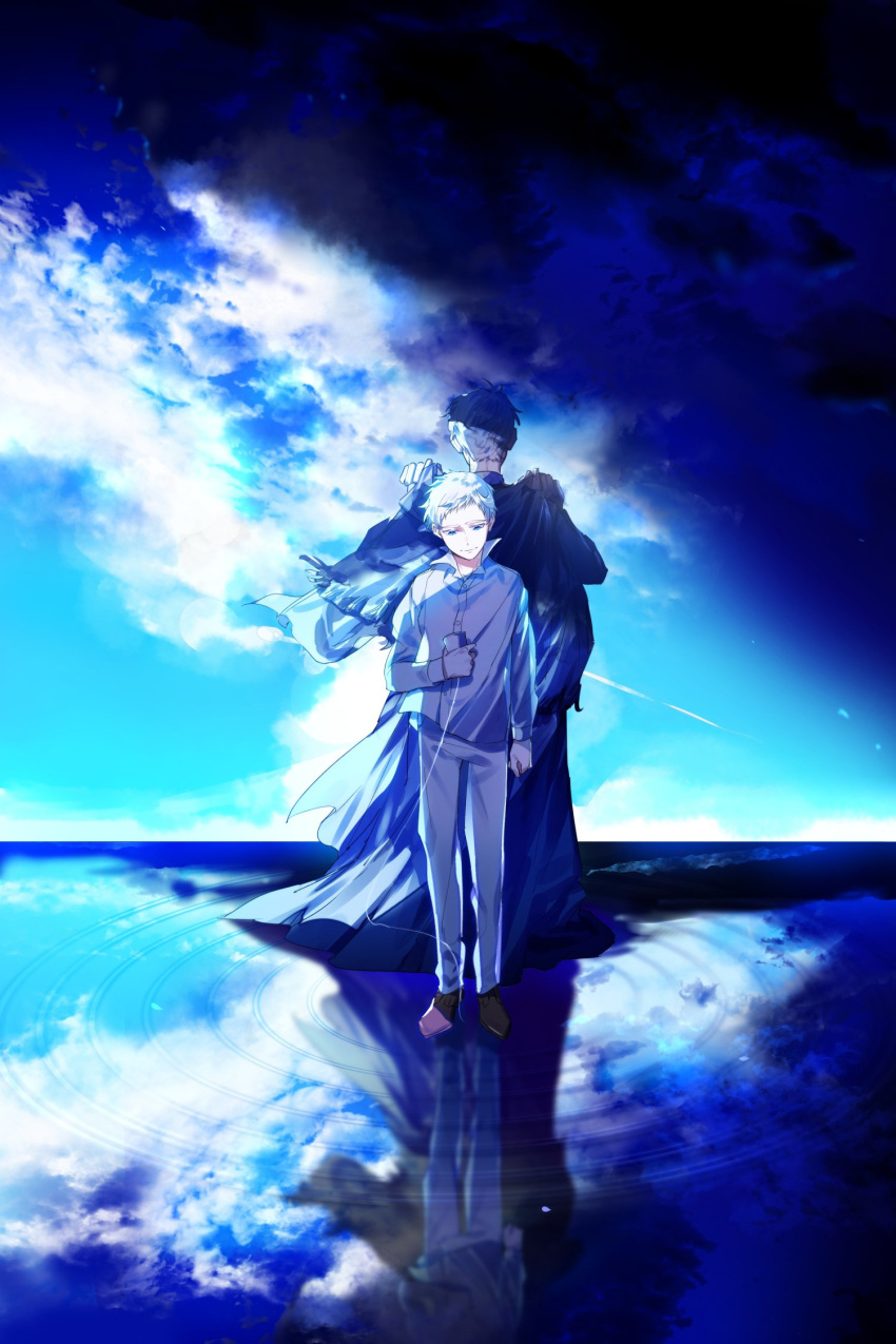 2boys back-to-back blue_eyes blue_sky cloak closed_mouth cloud commentary day highres holding horizon long_sleeves looking_down multiple_boys norman_(yakusoku_no_neverland) pants reflection reflective_water ripples sad_smile shadow shirt shoes sky smile string_phone walking walking_on_liquid water water_surface white_hair white_shirt yakusoku_no_neverland yala1453