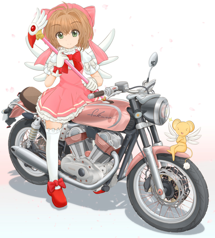 1girl bangs bow bowtie brown_hair card_captor_sakura cherry_blossoms closed_mouth collared_shirt commentary_request dress fake_wings frilled_legwear fuuin_no_tsue green_eyes ground_vehicle hat hat_bow highres holding holding_staff ichigotofu kero kinomoto_sakura logo looking_at_viewer magical_girl mary_janes motor_vehicle motorcycle namesake partial_commentary petticoat pinafore_dress pink_dress pink_headwear print_dress puffy_short_sleeves puffy_sleeves red_footwear red_neckwear riding shadow shirt shoes short_dress short_hair short_sleeves single_horizontal_stripe smile sparkle staff standing thighhighs white_background white_legwear white_shirt white_wings wings xs-v1_sakura yamaha