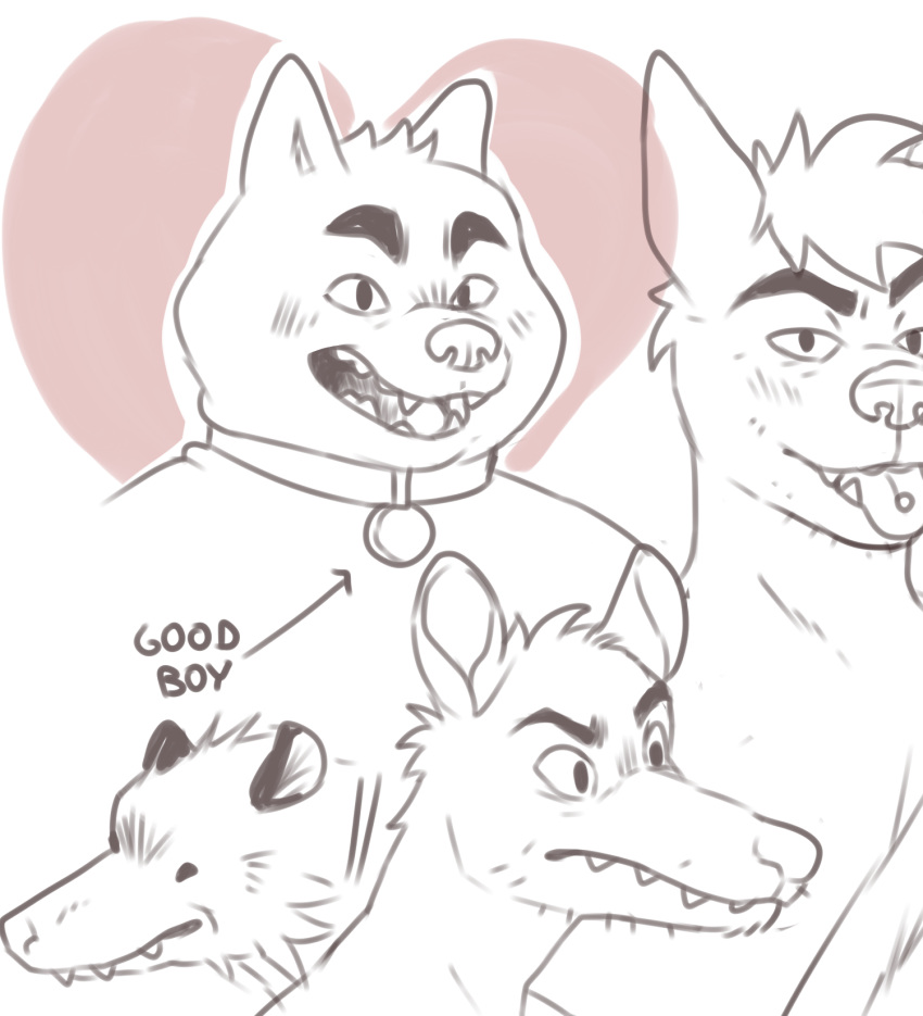 &lt;3 2018 anthro blush canid canine canis cheek_tuft collar didelphid digital_media_(artwork) domestic_dog eyebrows face_portrait fur glitter_trap_boy group hair hi_res line_art looking_at_viewer male mammal marsupial monochrome open_mouth piercing simple_background sketch slightly_chubby smile snout tongue tongue_out tuft white_background