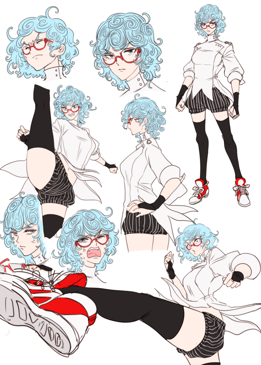 1girl angry blue_hair fingerless_gloves genderswap genderswap_(mtf) ghiaccio glasses gloves highres jojo_no_kimyou_na_bouken kinako_(nurupoga) multiple_views red_footwear shorts thighs vento_aureo