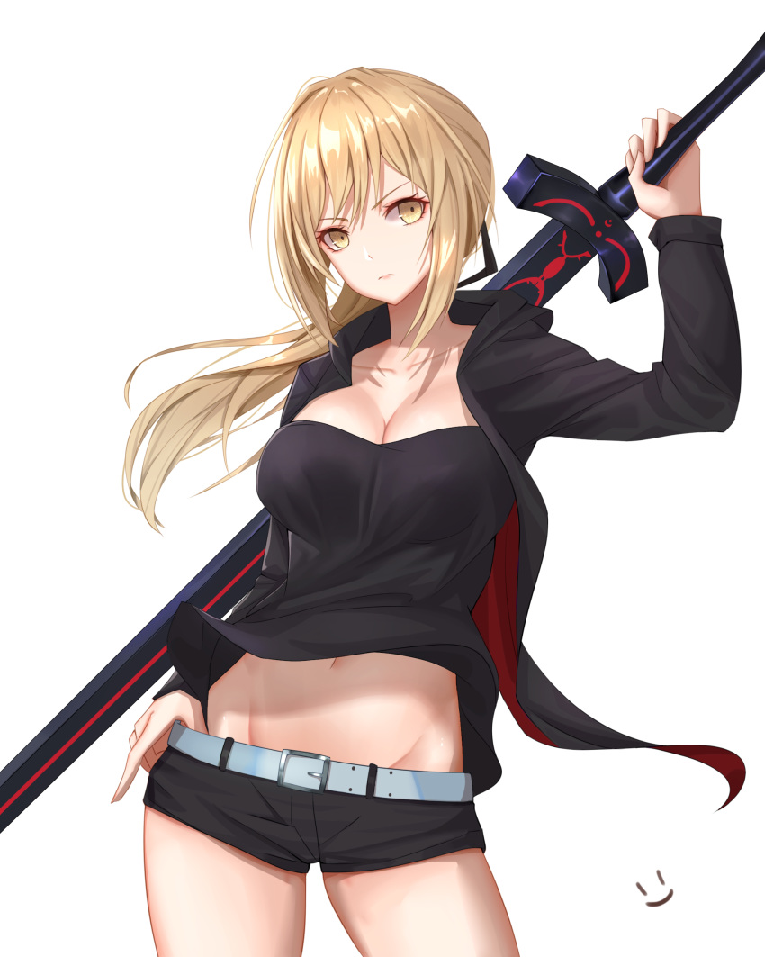 &gt;:( 1girl absurdres arm_up artoria_pendragon_(all) belt belt_buckle black_jacket black_ribbon black_shirt black_shorts blonde_hair breasts buckle cleavage closed_mouth contrapposto cowboy_shot dark_excalibur fate/grand_order fate_(series) hair_ribbon hand_on_hip heart highres holding holding_sword holding_weapon jacket large_breasts long_hair long_sleeves looking_at_viewer navel open_clothes open_jacket ponytail ribbon saber_alter serious shirt shorts smile smile_(dcvu7884) solo stomach sword thighs weapon yellow_eyes