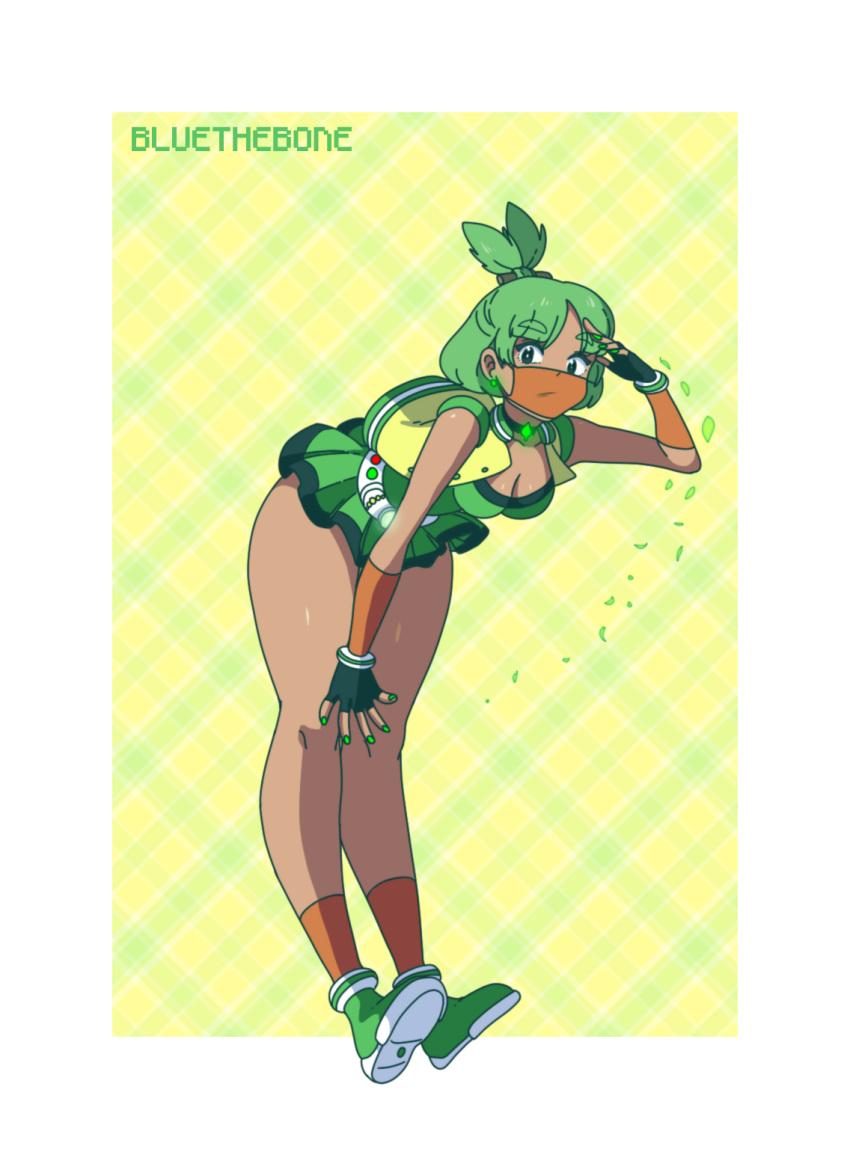 1girl artist_name black_gloves bluethebone breasts choker cleavage covered_mouth dark_skin eyebrows_visible_through_hair fingerless_gloves full_body gloves glowing glowing_earrings green_earrings green_footwear green_hair green_nails grookey highres leaning_forward nail_polish personification pokemon shoes short_hair solo standing