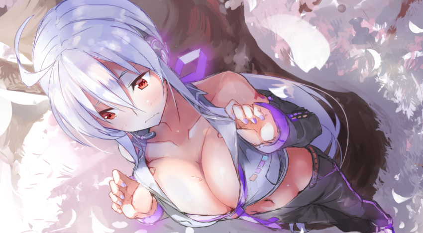 1girl ahoge arm_tattoo bare_shoulders black_legwear breasts cleavage collarbone commentary daidou_(demitasse) from_above hair_between_eyes hair_ornament headphones highres long_hair long_sleeves nail_polish navel no_bra open_clothes open_shirt pants ponytail purple_nails red_eyes silver_hair solo sweatdrop tattoo tree vocaloid voyakiloid yowane_haku