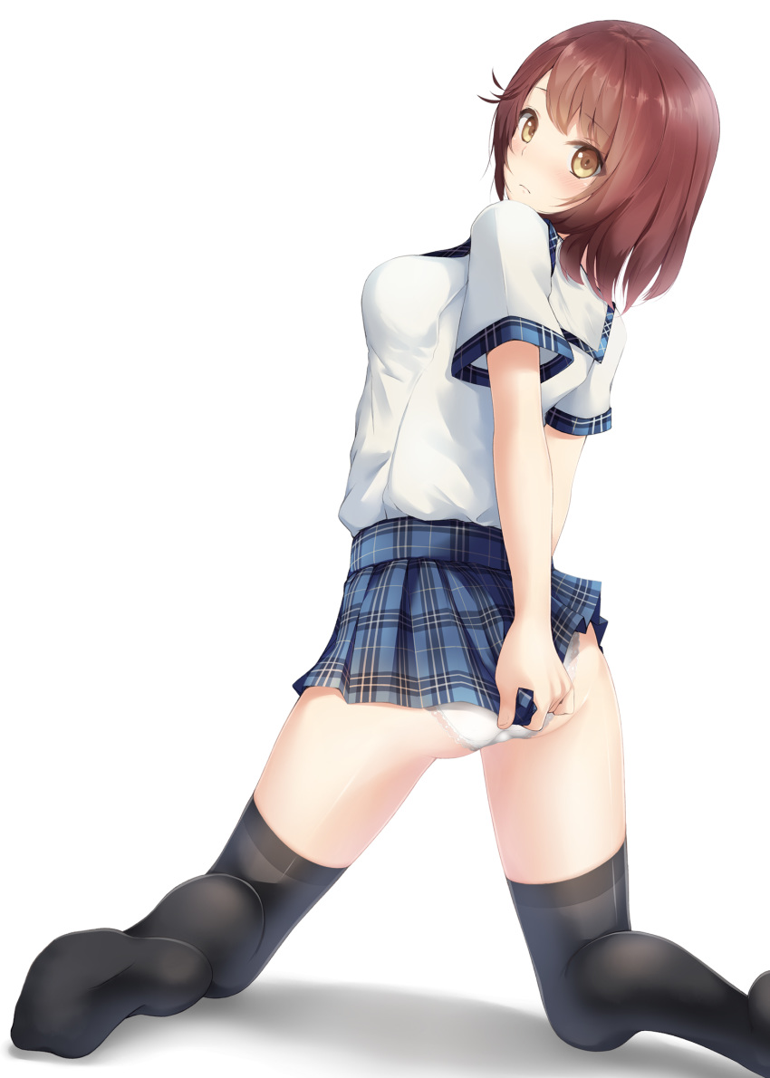 1girl alternate_costume atelier_(series) atelier_sophie bangs black_legwear blue_skirt blush breasts brown_eyes brown_hair checkered checkered_skirt commentary_request eyebrows_visible_through_hair foot_out_of_frame from_behind frown highres kazuaki_yoshida long_sleeves looking_at_viewer panties pantyshot school_uniform shirt short_hair simple_background skirt solo sophie_neuenmuller thighhighs underwear uniform white_background white_panties white_shirt