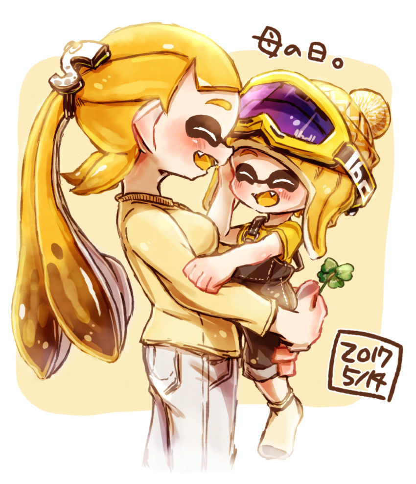 1boy 1girl alternate_hairstyle bangs blunt_bangs blush bobblehat child_carry clover commentary domino_mask facing_another fang fangs four-leaf_clover from_side hair_ornament harutarou_(orion_3boshi) highres holding inkling long_hair long_sleeves mask mother's_day mother_and_son open_mouth overalls pants pointy_ears ponytail shirt smile socks splatoon_(series) splatoon_1 standing tentacle_hair translated white_pants yellow_headwear yellow_legwear yellow_shirt yellow_tongue