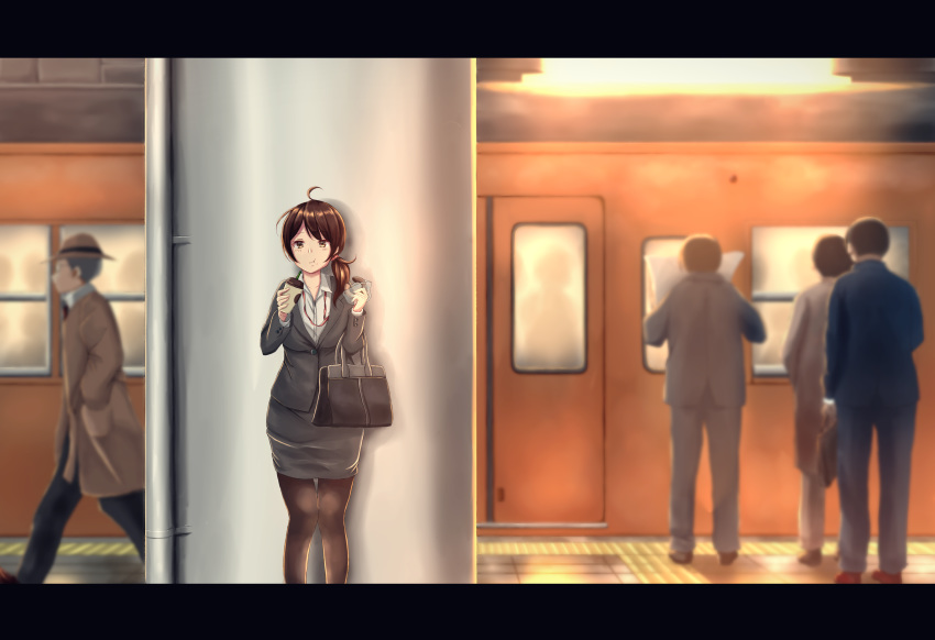 1girl absurdres bag bangs black_legwear brown_eyes brown_hair chewing coffee_cup collared_shirt commentary_request cup disposable_cup doughnut dress_shirt eating food formal ground_vehicle handbag highres minakami_tansan multiple_boys office_lady original outdoors pantyhose pillar scenery shirt side_ponytail suit train train_station_platform white_shirt wrapper
