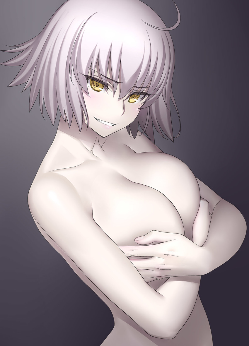 1girl ahoge bangs blush breasts collarbone commentary_request covering covering_breasts eyebrows_visible_through_hair fate/grand_order fate_(series) grin highres jeanne_d'arc_(alter)_(fate) jeanne_d'arc_(fate)_(all) large_breasts looking_at_viewer minazuki_juuzou nude pale_skin short_hair silver_hair simple_background smile solo teeth yellow_eyes