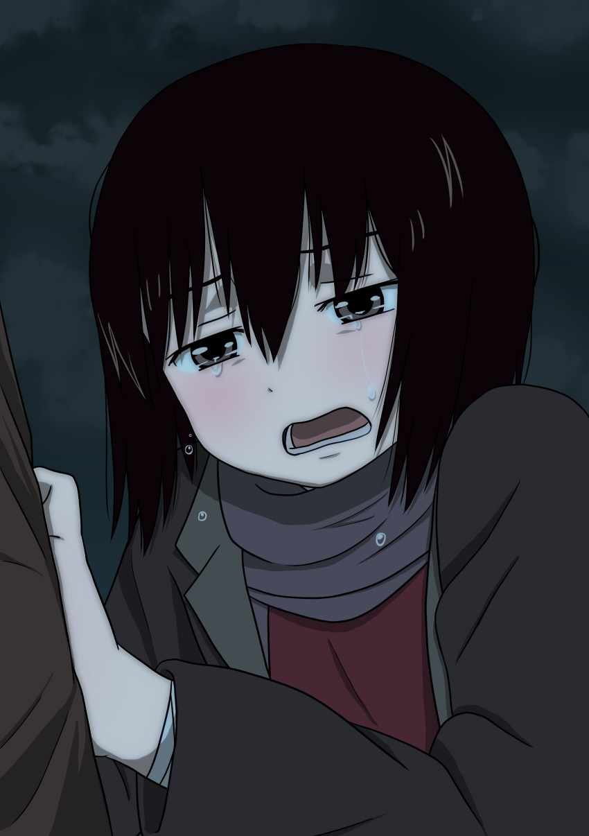 1girl absurdres aiu1 bangs black_hair blush bob_cut brown_coat brown_eyes cloud cloudy_sky coat commentary_request crying crying_with_eyes_open hair_between_eyes hand_on_another's_back highres nakahara_misaki nhk_ni_youkoso! night night_sky open_mouth partial_commentary purple_scarf red_shirt scarf shirt short_hair sky solo_focus tears upper_body