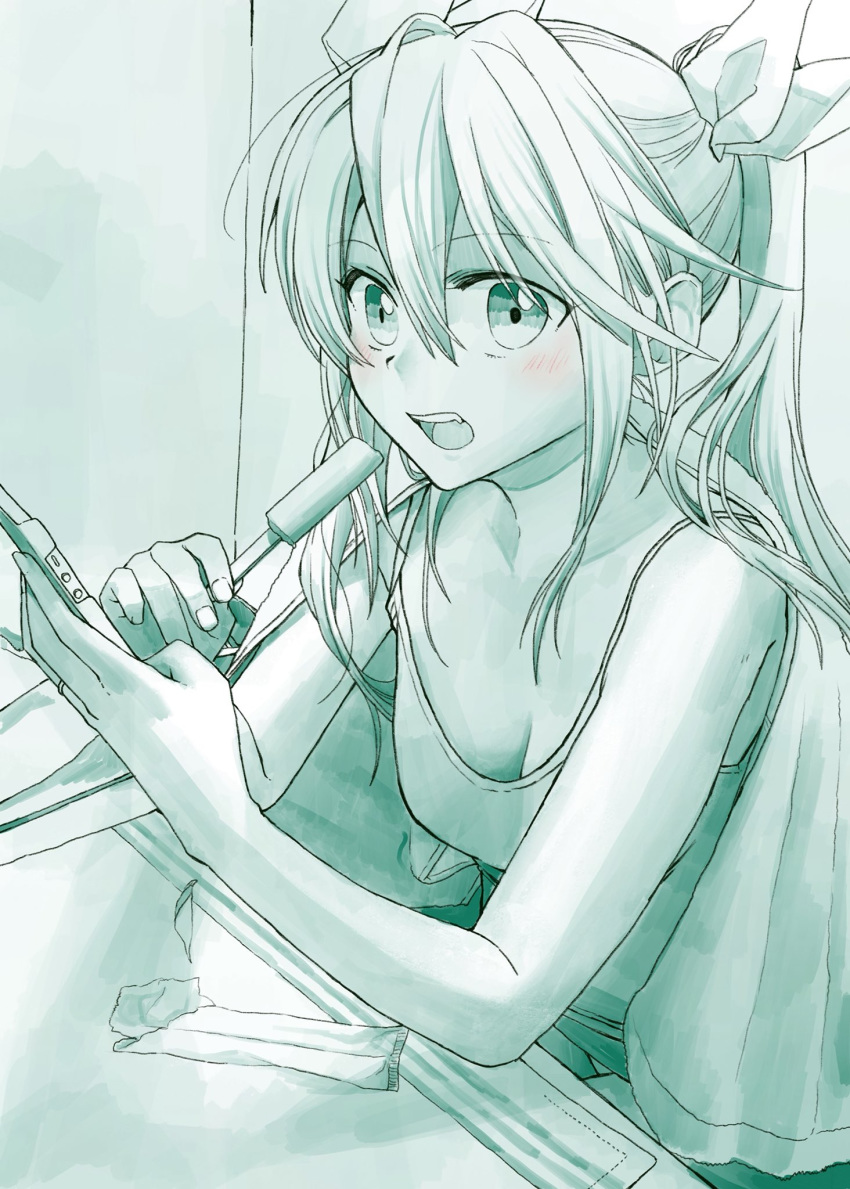1girl aqua_theme bangs blanket blush bow breasts cellphone eating eyebrows_visible_through_hair fang food hair_between_eyes highres jewelry kantai_collection long_hair looking_at_viewer medium_breasts monochrome open_mouth phone popsicle ring shirt sitting sleeveless sleeveless_shirt solo spot_color tone_(kantai_collection) twintails wedding_band yami_(m31)