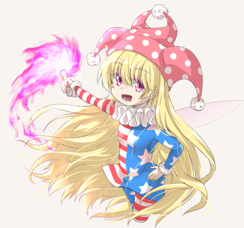 1girl :d american_flag_dress american_flag_legwear bangs blonde_hair brown_background clownpiece commentary_request dress eyebrows_visible_through_hair fairy_wings fingernails fur-trimmed_sleeves fur_trim hair_between_eyes hand_on_hip hat highres holding holding_torch jester_cap long_hair long_sleeves mismatched_legwear neck_ruff nibi open_mouth outstretched_arm pantyhose print_legwear red_eyes simple_background smile solo star star_print striped striped_dress striped_legwear torch touhou transparent_wings very_long_hair wings