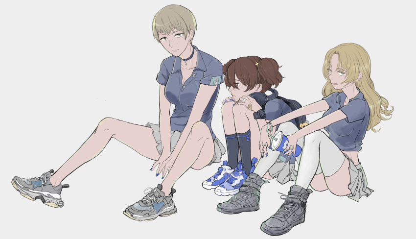 3girls absurdres alisa_(girls_und_panzer) arms_on_knees backpack bag bandages bandaid banira_(oocooocooocoo) black_legwear blonde_hair blue_eyes blue_footwear blue_neckwear bracelet breasts brown_eyes brown_hair choker cleavage closed_mouth commentary cross-laced_footwear cup disposable_cup earrings emblem freckles frown girls_und_panzer grey_background grey_footwear grey_skirt hair_intakes headphones headphones_around_neck highres holding holding_cup jewelry kay_(girls_und_panzer) leg_hug legs licking_lips light_brown_eyes light_brown_hair light_smile long_hair looking_at_viewer medium_breasts midriff miniskirt multiple_girls nail_polish naomi_(girls_und_panzer) no_legwear pleated_skirt polo_shirt print_legwear saunders_(emblem) shoes short_hair short_sleeves short_twintails sitting skirt smile sneakers socks star_hat_ornament thighhighs tongue tongue_out twintails v_arms very_short_hair white_legwear