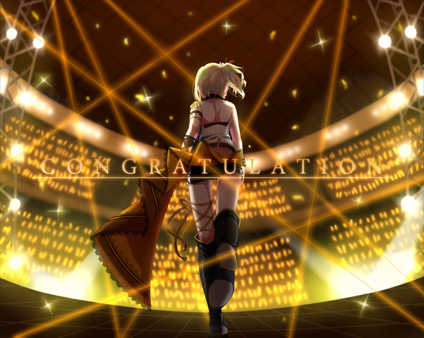 1girl backless_outfit boots commentary commentary_request english_text from_behind gyaru highres knee_boots light_stick love_live! love_live!_school_idol_festival_all_stars meccha_going!! miniskirt miyashita_ai orange_sarong perfect_dream_project sarong skirt stage stage_lights tetetsu_(yuns4877)