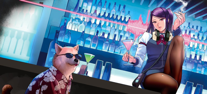 1girl alcohol animal bangs bar bartender black_legwear cigarette clothed_animal cocktail_glass commentary_request counter cup dog drinking_glass hawaiian_shirt hayakawa_pao headphones headphones_around_neck holding holding_cup indoors julianne_stingray long_hair long_sleeves looking_at_viewer pantyhose purple_hair red_eyes shiba_inu shirt smoke smoking solo sunglasses swept_bangs twintails va-11_hall-a